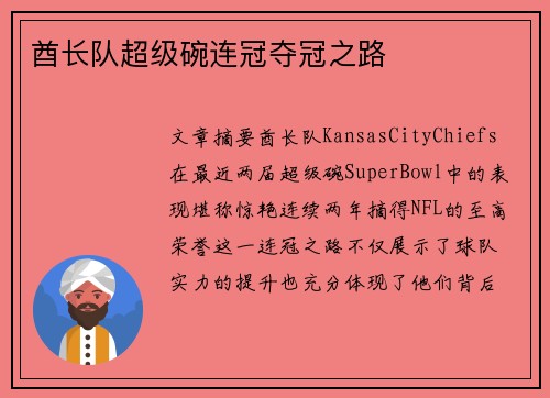 酋长队超级碗连冠夺冠之路