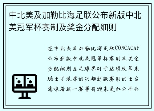 中北美及加勒比海足联公布新版中北美冠军杯赛制及奖金分配细则