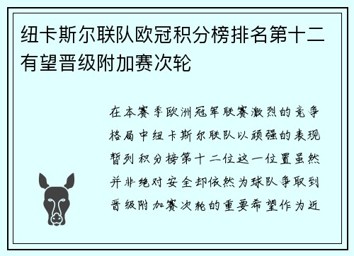 纽卡斯尔联队欧冠积分榜排名第十二有望晋级附加赛次轮